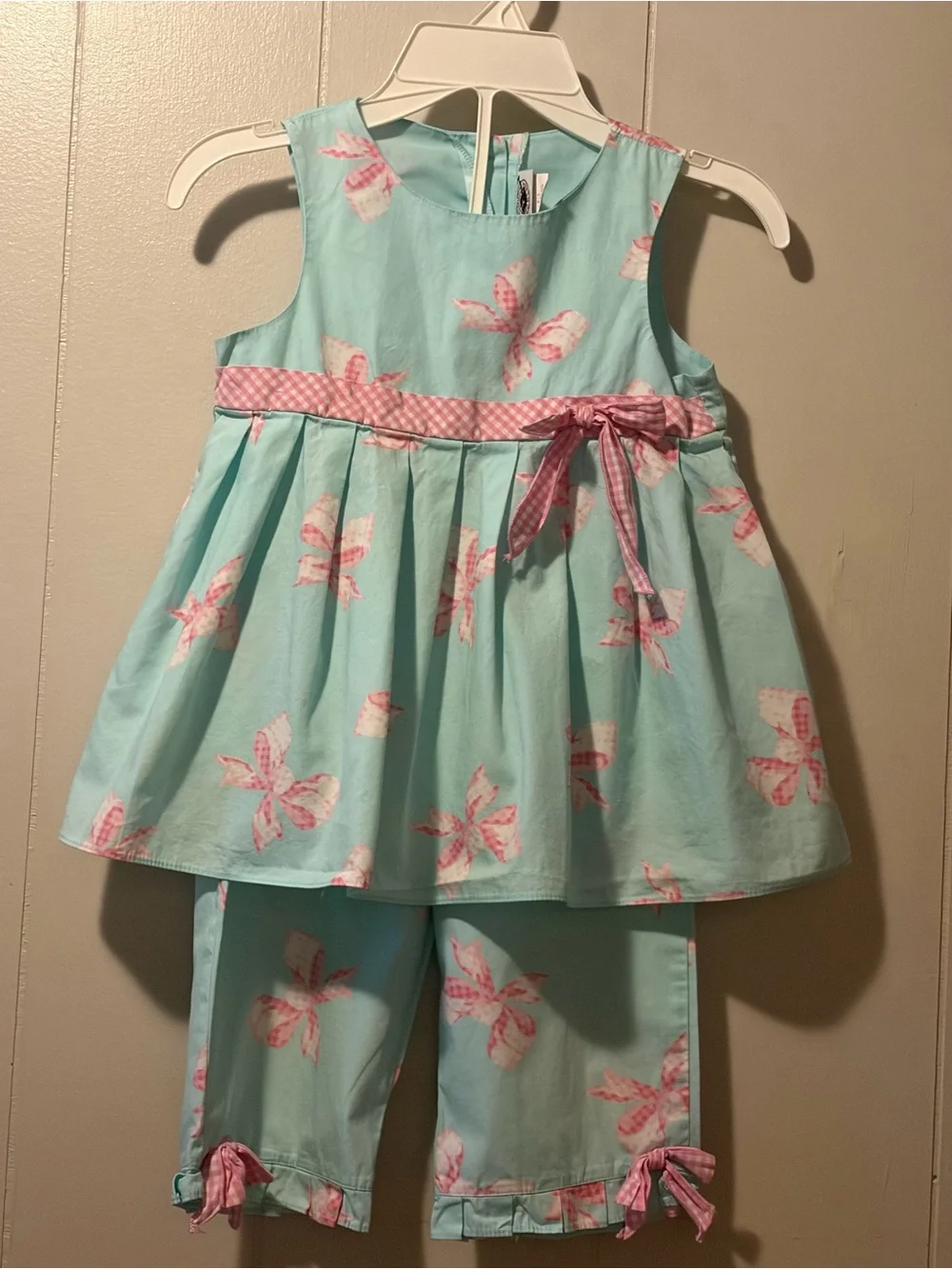 Good Lad Aqua Bow Print Tunic & Capri Set with Pink Gingham Bows